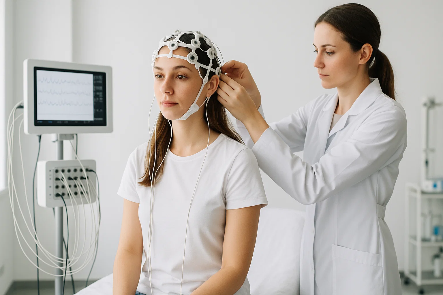Profesional preparando mapeo cerebral cuantitativo en paciente (C-EEG)