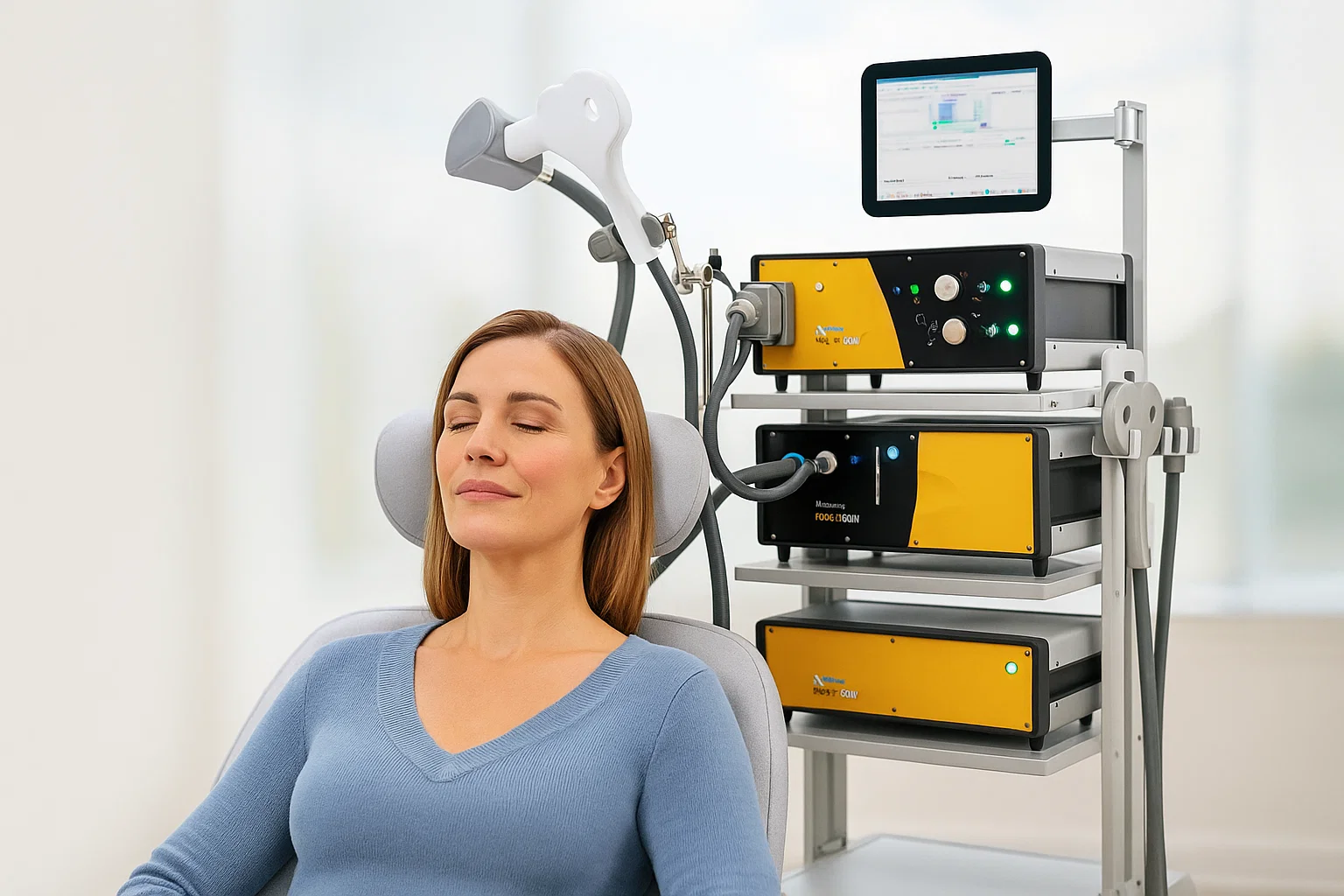 Aplicación de Estimulación Magnética Transcraneal (EMT) en paciente